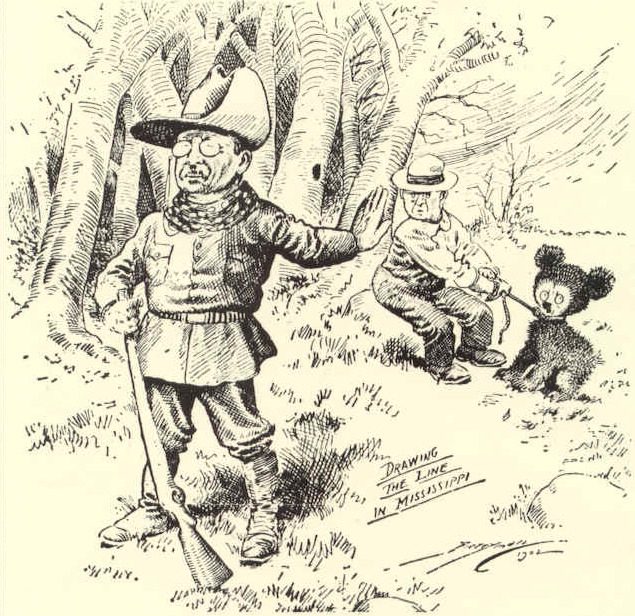 Clifford Berryman’s 1902 cartoon: Roosevelt turns away from a bear held on a rope